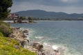 Panoramic view of coastline of town of Neos Marmaras at Sithonia peninsula, Chalkidiki, Greece