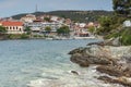 Panoramic view of coastline of town of Neos Marmaras at Sithonia peninsula, Chalkidiki, Greece