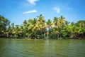 Panoramic view with Coconut trees and fisherman house, backwaters landscape of Alleppey Royalty Free Stock Photo