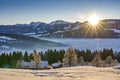 Panoramic view on a cold winter morning to the Nagelfluh Mountain chain in the Allgaeu Alps Royalty Free Stock Photo