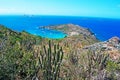 Panoramic view of Colombier beach, cactus, St Barth, sailboats Royalty Free Stock Photo