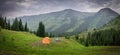 Panoramic view of Colorado landscape, Camping tent in the middle of rocky mountain wilderness