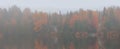 Panoramic view of colorful autumn trees by the lake caught in mist Royalty Free Stock Photo