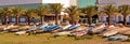 Panoramic view of colorful boats ashore in Isla Cristina, Spain.