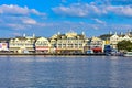 Panoramic view of colorful dockside on lightblue cloudy sky background at Lake Buena Vista area 2