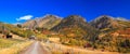 Panoramic view of Colorful fall foliage on slopes of San Juan mountains in Colorado Royalty Free Stock Photo