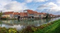 Panoramic view of Colorful houses at Linker Regnitzarm riverbank - Bamberg, Bavaria, Germany