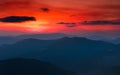 Panoramic view of colorful sunset in the mountains. Dramatic overcast sky.