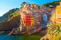 Panoramic view of colorful Village Riomaggiore in Cinque Terre during sunset, Liguria, Italy Royalty Free Stock Photo