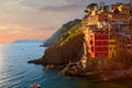 Panoramic view of colorful Village Riomaggiore in Cinque Terre during sunset, Liguria, Italy Royalty Free Stock Photo