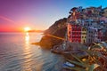 Panoramic view of colorful Village Riomaggiore in Cinque Terre during sunset, Liguria, Italy Royalty Free Stock Photo