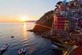 Panoramic view of colorful Village Riomaggiore in Cinque Terre during sunset, Liguria, Italy Royalty Free Stock Photo