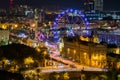 Panoramic view of the Columbus monument and the city skyline at night