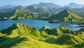 Panoramic view of comically shaped island with green hills, sandy beaches, sea, and islands