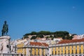 Panoramic view of Commerce Square, Portugal, Lisbon. Cityscape of historic Lisboa under clear blue sky.