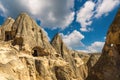 Panoramic view of cone-shaped rock formations in Selime, Turkey Royalty Free Stock Photo