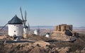Panoramic view of Consuegra windmills and Castle - Toledo, Castila La Macha, Spain Royalty Free Stock Photo