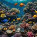 A panoramic view of a coral reef teeming with diverse marine species and vibrant colors4