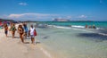 Panoramic view of Costa Smeralda coast of Tyrrhenian Sea and Isola Tavolara island seen from cala dÃ¢â¬â¢Ambra beach in San Teodoro Royalty Free Stock Photo