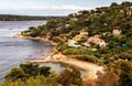 Saint Tropez, France. Panoramic view of Cote d`Azur coastline and landscape with luxurious villas and yachts.