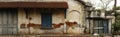 panoramic view of a cracked and eroded wall on an old vintage shop front