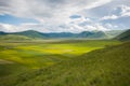 Panoramic view of cultivation of lentils in Castelluccio di Norcia plain Sibillini Mountains National Park Royalty Free Stock Photo