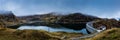 Panoramic view of a dam lake in mountain Royalty Free Stock Photo