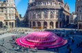 Panoramic view of De Ferrari square in Genoa, the heart of the city with the central fountain, Itsly. Royalty Free Stock Photo