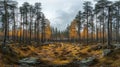 PANORAMIC VIEW OF A DENSE FOREST WITH TALL PINE TREES AND GOLDEN AUTUMN FOLIAGE Royalty Free Stock Photo