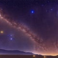 Panoramic view of desert starry night sky, Milky Way and other celestial bodies, illustration Royalty Free Stock Photo