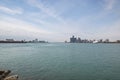 Panoramic view of the Detroit Windsor skyline with the Ambassador Bridge connecting the United States with Canada Royalty Free Stock Photo