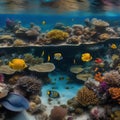 A panoramic view of a diverse coral reef ecosystem, teeming with marine life and vibrant colors1 Royalty Free Stock Photo