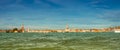 Panoramic view of Doge Palace, Campanile and San Marco square from Grand Canal main water area during evening warm sunset, Venice Royalty Free Stock Photo