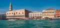 Panoramic view of Doge Palace, Campanile and San Marco square from Grand Canal main water area during evening warm sunset, Venice Royalty Free Stock Photo