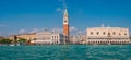 Panoramic view of Doge Palace, Campanile and San Marco square from Grand Canal main water area during evening warm sunset, Venice Royalty Free Stock Photo