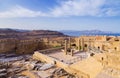 Panoramic view of Doris Temple of Athena Lindia, medieval castle on Acropolis of Lindos with blue bay beneath, Rhodes Royalty Free Stock Photo