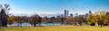 Panoramic view of downtown Denver Colorado from City Park in Fall with the Rocky Mountains in the background Royalty Free Stock Photo