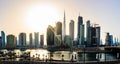 Panoramic view of downtown Dubai cityscape at sunset