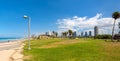 Panoramic view of downtown Tel Aviv at Mediterranean coastline with business district and Etzel House museum in Tel Aviv Yafo,