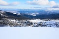 Panoramic view of Dragobrat ski resort from above. Mountain winter snowy landscape from ski slope. Wooden cottages and Royalty Free Stock Photo