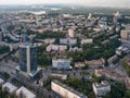 Panoramic view from the drone to a central part of Kiev with modern and old buildings, to a left bank of Dnieper.
