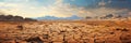 Panoramic view of dry cracked land, landscape of dry deserted ground in summer. Concept of soil, drought, global warming, Royalty Free Stock Photo