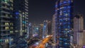 Panoramic view of the Dubai Marina and JBR area aerial night timelapse Royalty Free Stock Photo