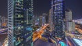 Panoramic view of the Dubai Marina and JBR area aerial night timelapse Royalty Free Stock Photo