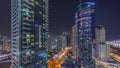 Panoramic view of the Dubai Marina and JBR area aerial night timelapse Royalty Free Stock Photo