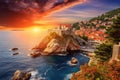 Panoramic view of Dubrovnik old town at sunset, Croatia, Dubrovnik, Croatia, Beautiful romantic old town of Dubrovnik during