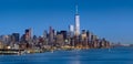 Panoramic view at dusk of New York City Financial District skyscrapers with the Hudson River Royalty Free Stock Photo