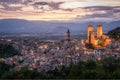 Medieval village of Pacentro in Abruzzo. Italy. Panoramic view at dusk with striking illumination