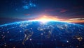 Earth at night with glowing network connections and sunrise 1 Royalty Free Stock Photo