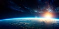 Panoramic view of the Earth, sun, star and galaxy. Sunrise over planet Earth Royalty Free Stock Photo